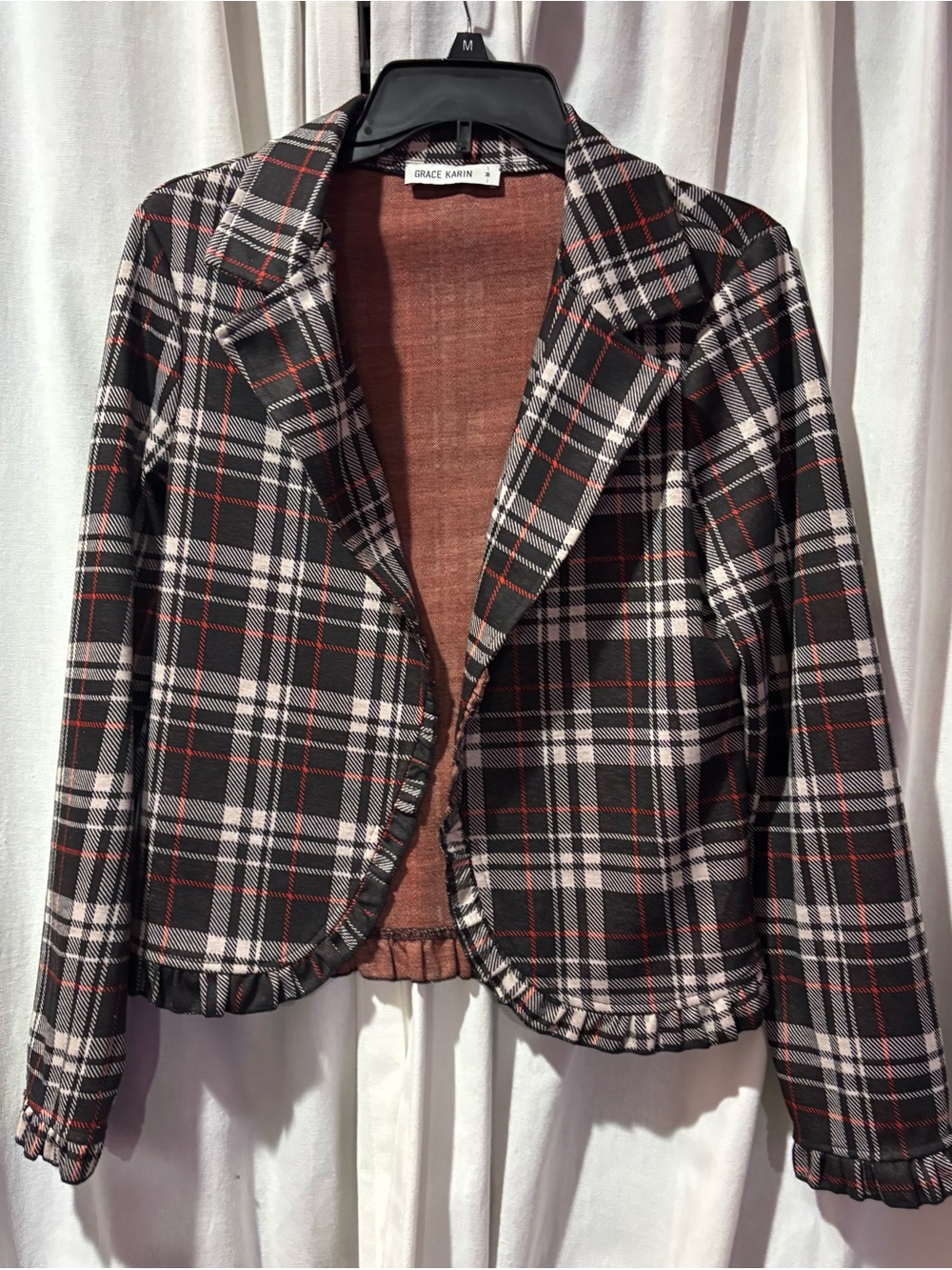 Grace Karin Black Plaid Cropped Blazer with Red Accents